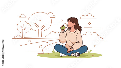 Young caucasian woman enjoying coffee outdoors in nature