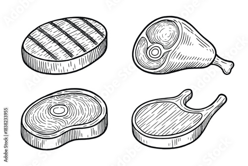 Four hand drawn icons representing different raw meat cuts and steaks
