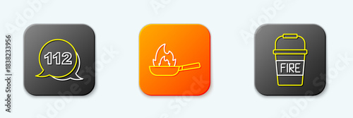 Set line Emergency call, Pan with fire and Fire bucket icon. Vector