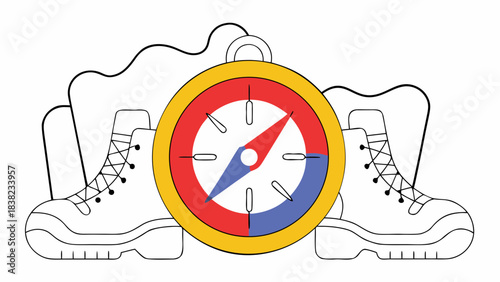 A vibrant illustration of hiking boots and a compass, symbolizing adventure and exploration.