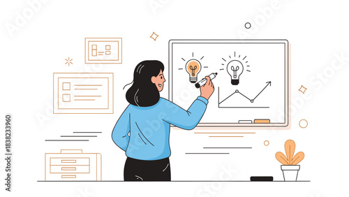 Asian female adult presenting business ideas on whiteboard with lightbulb and graph drawings