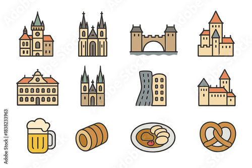 Collection of Czech Republic travel landmarks and traditional food icons