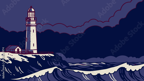 A serene lighthouse stands tall against stormy waves under a dark, cloudy sky.