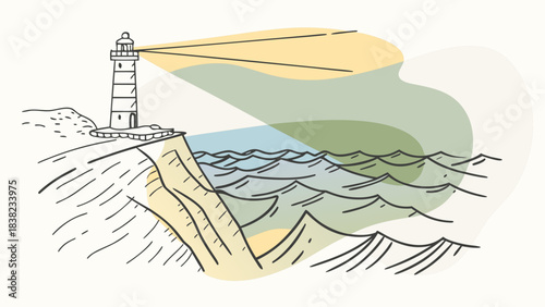 A hand-drawn lighthouse stands tall on a cliff, guiding ships with its bright beam across the ocean waves.