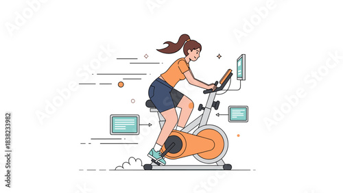 Young caucasian female riding stationary bike for fitness in activewear