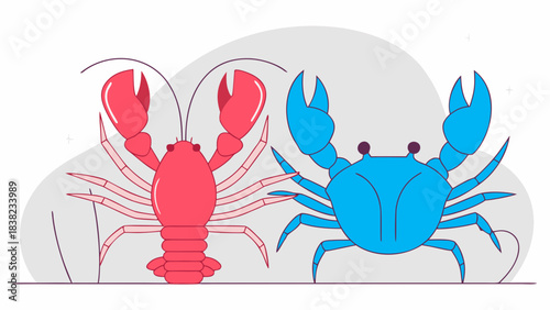 A vibrant illustration of a red lobster and a blue crab showcasing their distinct shapes and features.
