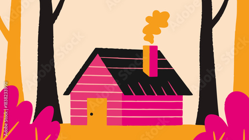 A colorful illustration of a whimsical pink cabin surrounded by vibrant trees, exuding a cozy and inviting atmosphere.