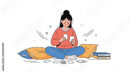 Young asian female sitting and reading cards on floor with cushions and books