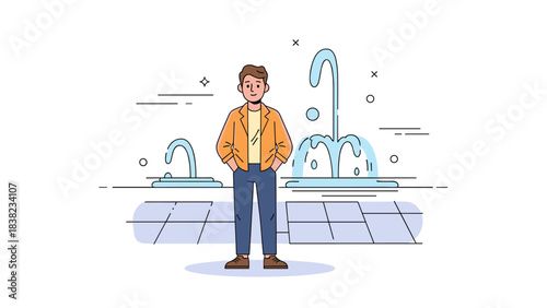 Young caucasian male standing in front of fountains in casual attire