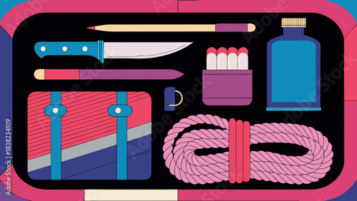 Colorful illustration of essential outdoor gear including a knife, rope, and containers.