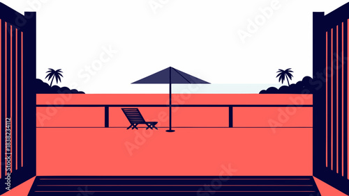 Stylish outdoor patio featuring a lounge chair and umbrella, framed by vibrant colors and tropical elements.