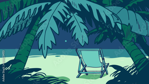 A tranquil tropical scene featuring a lone beach chair surrounded by lush palm leaves at night.