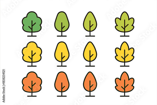 Twelve stylized tree icons showing seasonal color changes from green to yellow to orange