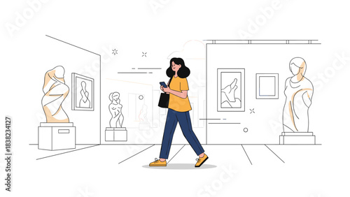 Young female visiting art gallery, observing sculptures and paintings, asian adult