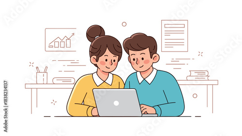 Young caucasian couple working together on a laptop in a home office setting