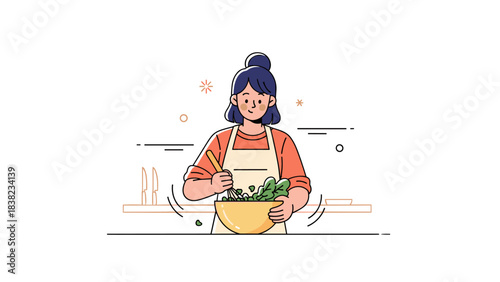 Asian female preparing salad in kitchen - culinary joy