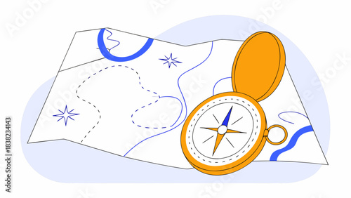 An orange compass rests atop a stylized map featuring winding paths and star motifs, symbolizing adventure and exploration.