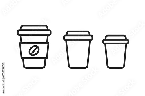 Three disposable coffee to go cups in varying sizes outline icons