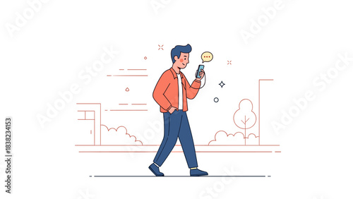 Young caucasian male walking outdoors while texting on smartphone in casual attire