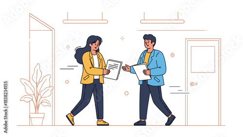 Young caucasian female and male professionals sharing documents in office setting