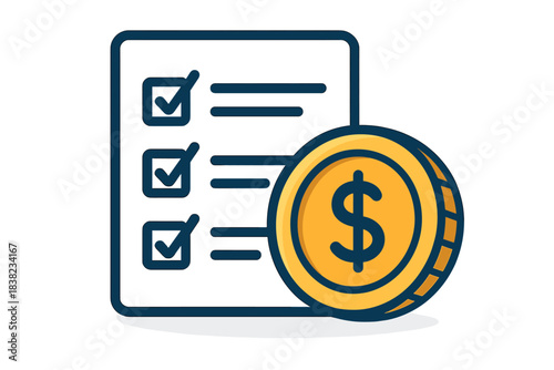 Financial checklist with completed tasks and golden dollar coin icon