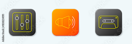 Set line Sound mixer controller, Megaphone and Retro audio cassette tape icon. Vector