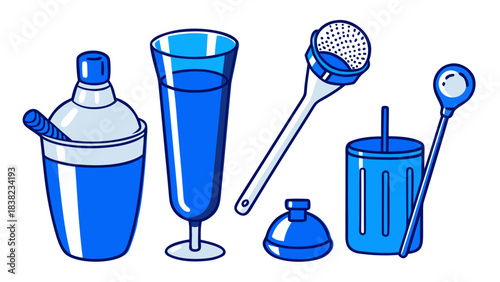 A cool collection of cocktail-making tools in blue tones, featuring a shaker, glass, strainer, and stirring stick.