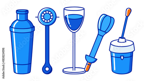 A collection of blue cocktail tools including a shaker, strainer, glass, muddler, and ice bucket, perfect for mixology.