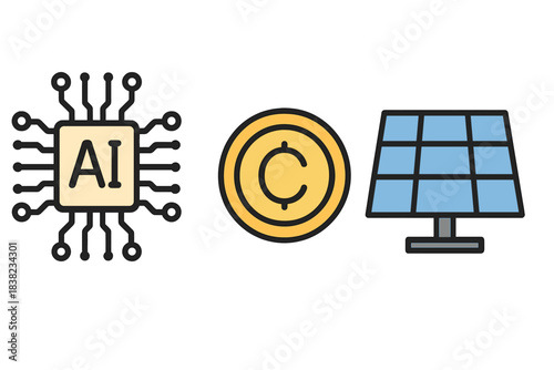 Digital currency solar power and artificial intelligence technology icons