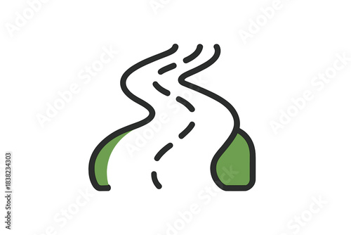 Winding road icon with dashed center line and green roadside elements