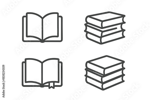 Set of four simple outline icons representing open books and stacked volumes