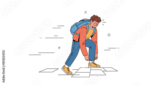 Happy young caucasian teen boy walking with backpack in casual outfit