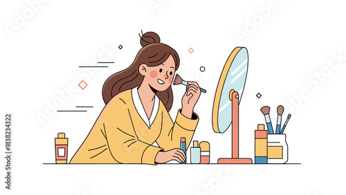 Young asian female applying makeup enthusiastically at vanity with mirror and brushes