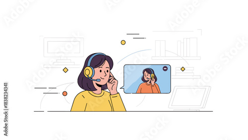 Young asian female using video call for remote work with headset