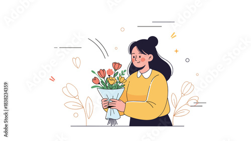 Young asian female holding floral bouquet with joyful expression