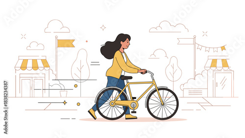 Young hispanic female walking bicycle in urban landscape illustration