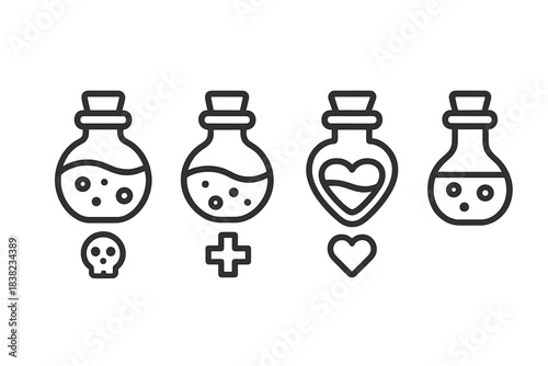 Four magic potion bottles with icons for poison, health, and love