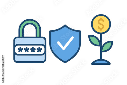 Financial security and data protection concept icons set