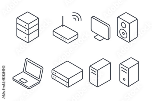 Isometric outline icons for computer hardware and network components