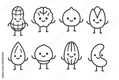 Collection of eight smiling cartoon nut characters with expressive faces and limbs