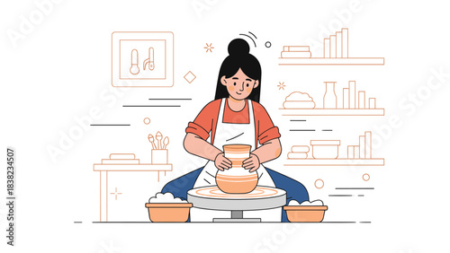 Young hispanic female creating pottery on wheel in art studio