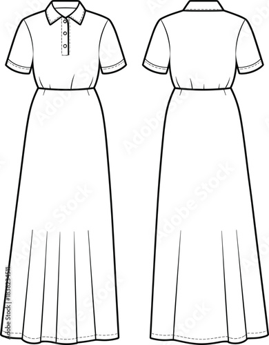 Polo collar maxi dress CAD flat sketch, short sleeve fashion technical drawing, front and back view, sewing pattern, garment design template