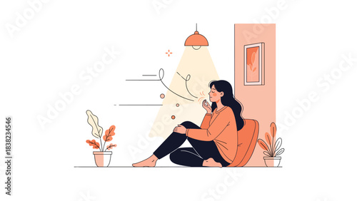Asian female relaxing indoors with plants and warm lighting