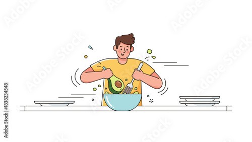 Young caucasian male cooking with avocado in kitchen