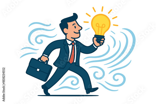 Businessman running forward with glowing idea lightbulb and briefcase