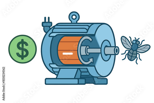 Electric motor cross section with currency symbol and insect concept