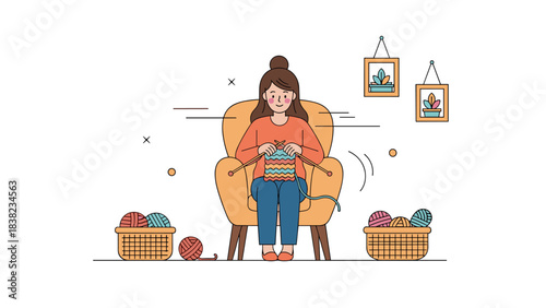 Young caucasian female knitting in cozy room with yarn baskets