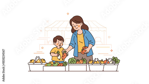 Asian female adult and child at farmers market choosing fresh vegetables