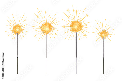Four golden handheld sparklers emitting bright festive light
