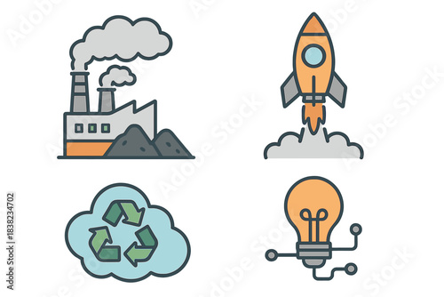 Industrial pollution, business startup, environmental recycling, and technological innovation icons